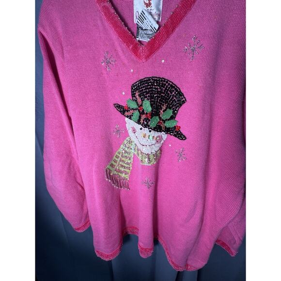 Quacker Factory Pink ugly Christmas Sweater Women’s Sequin Snowman Holiday - Picture 2 of 4